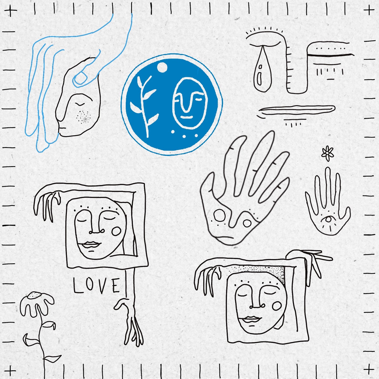 A collection of fineline drawings in black and blue ink of faces, hands with faces, a crying face and a small flower.