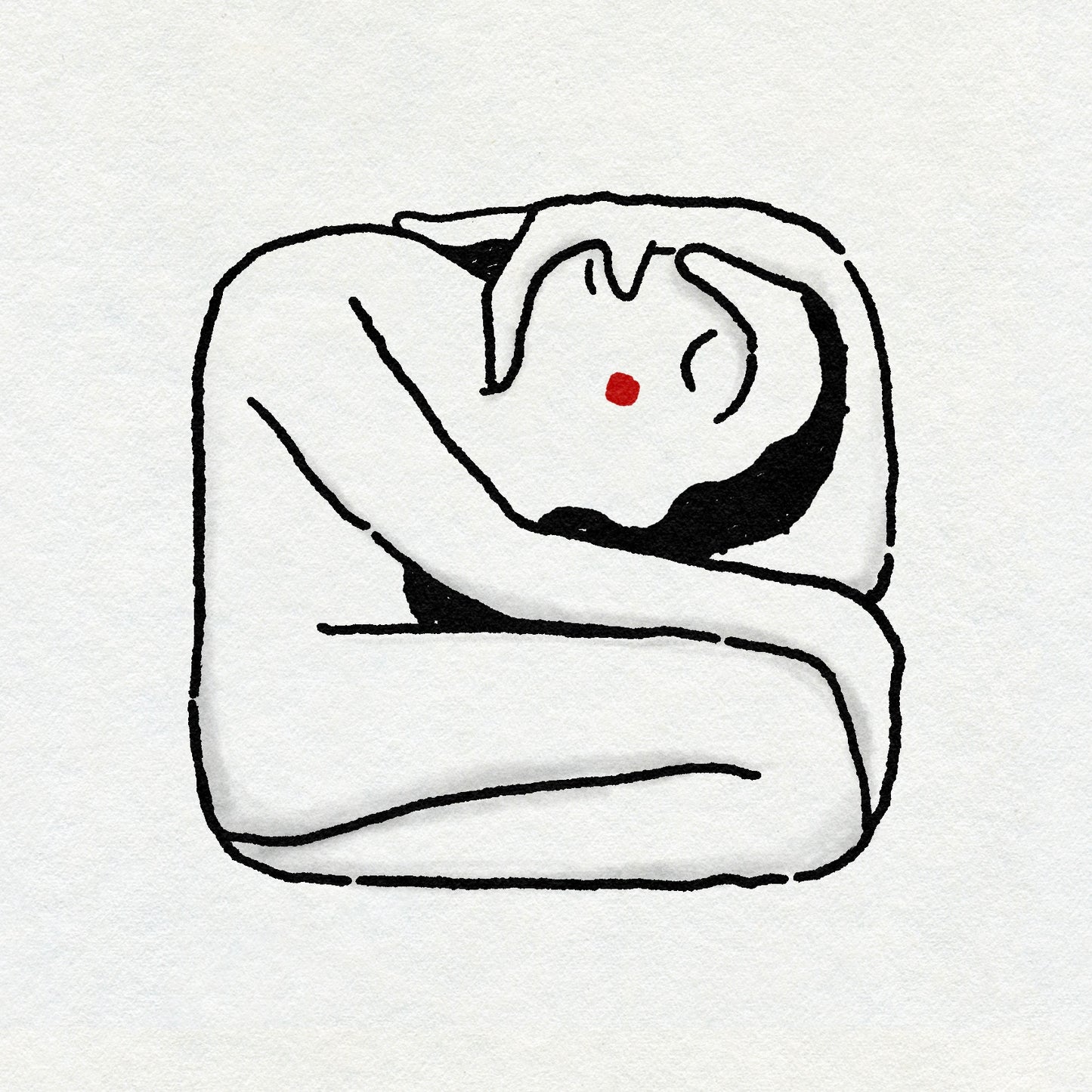 A minimal drawing in black ink of a figure with dark hair kneeling and hugging themselves in a square shape, with a small red cheek on a while background. 