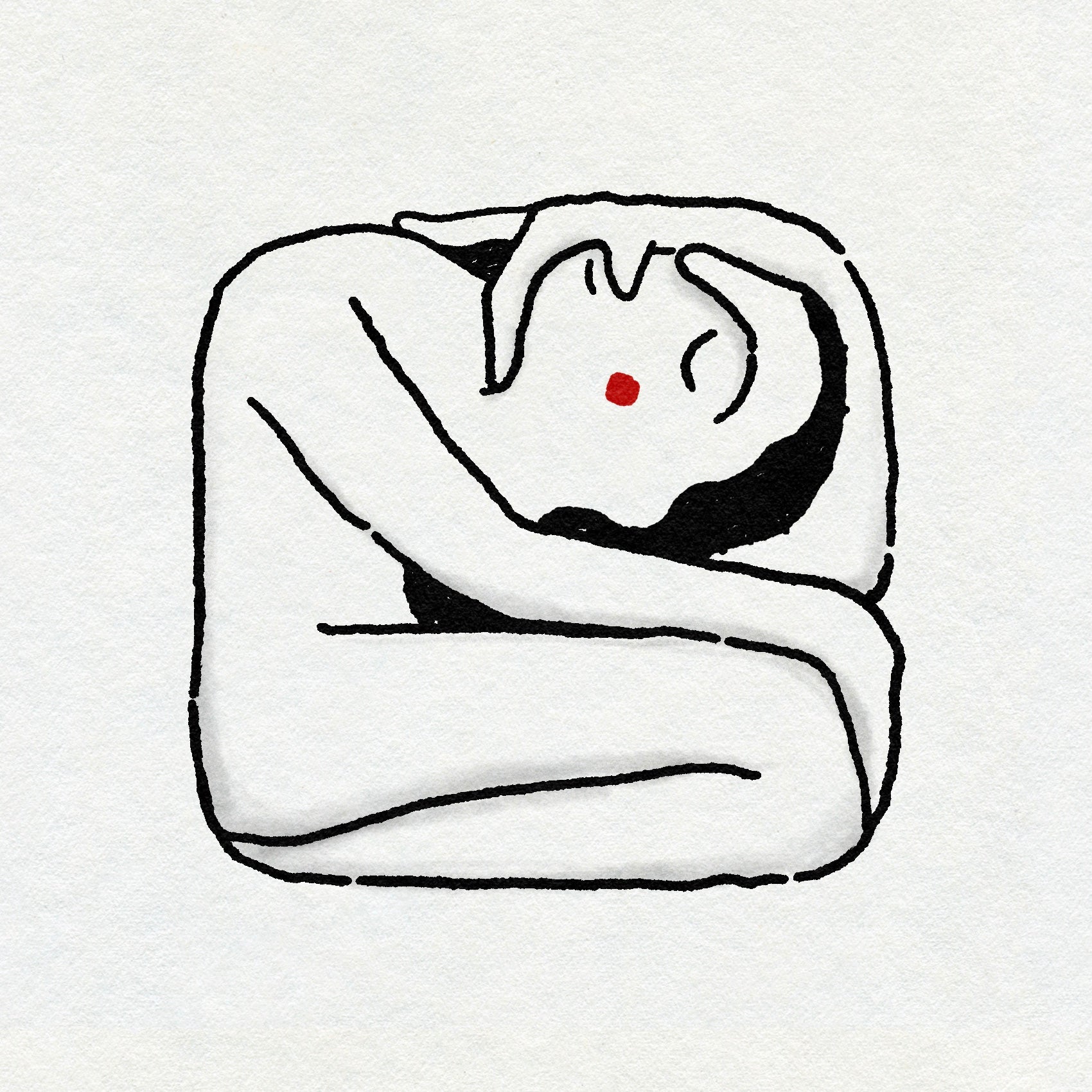 A minimal drawing in black ink of a figure with dark hair kneeling and hugging themselves in a square shape, with a small red cheek on a while background. 