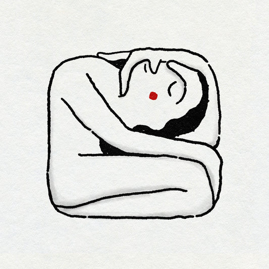 A minimal drawing in black ink of a figure with dark hair kneeling and hugging themselves in a square shape, with a small red cheek on a while background. 