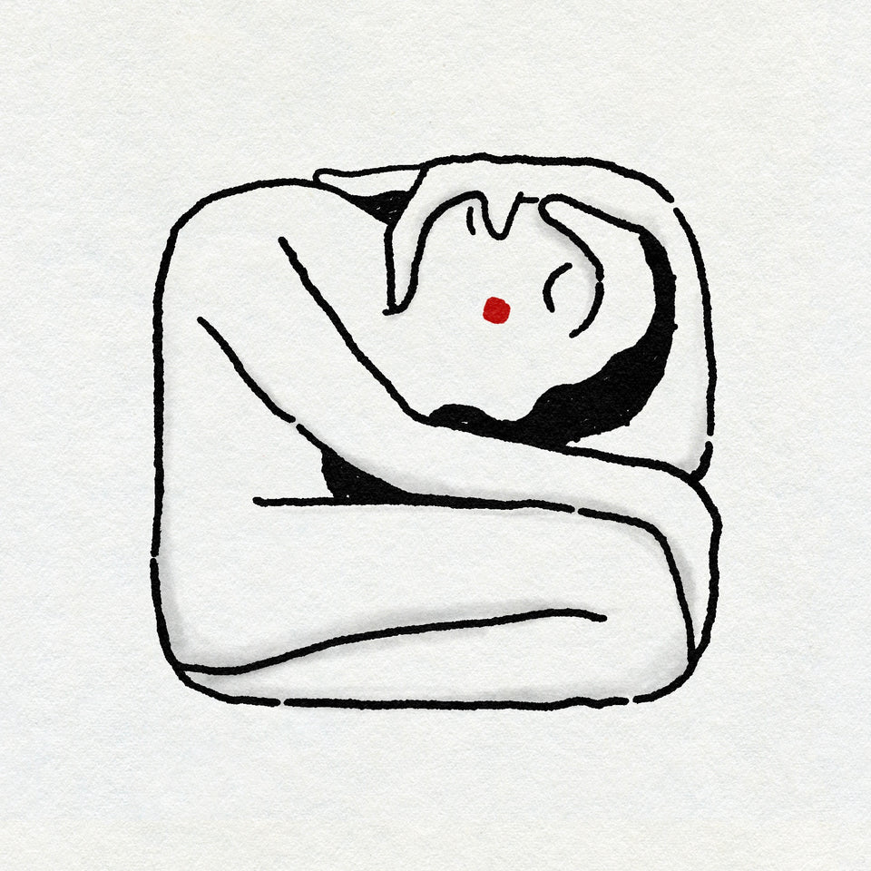 A minimal drawing in black ink of a figure with dark hair kneeling and hugging themselves in a square shape, with a small red cheek on a while background. 