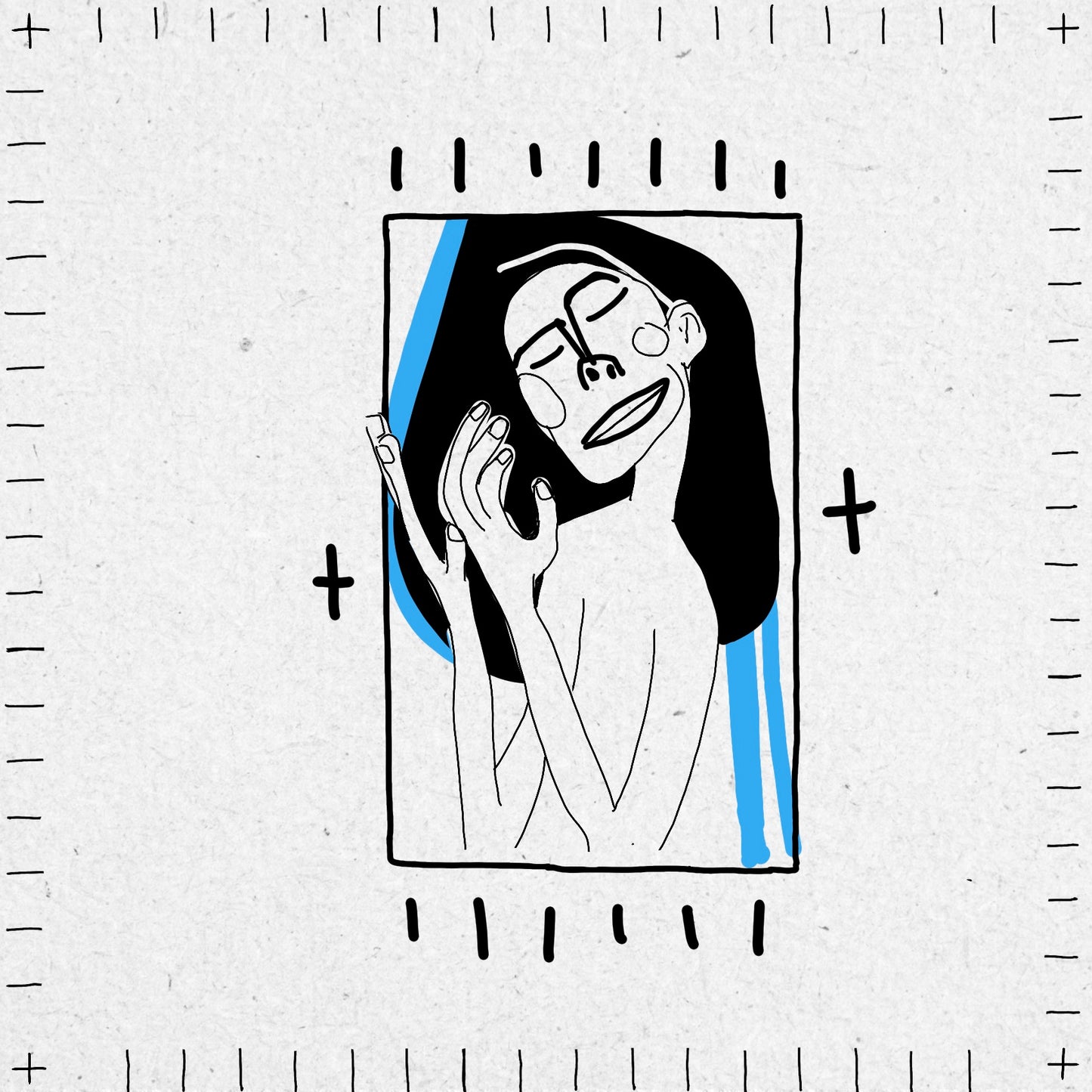 Illustration of a person with long dark hair in a rectangular frame on a textured white background in blue and black ink. The person has their eyes closed and their hands raised.