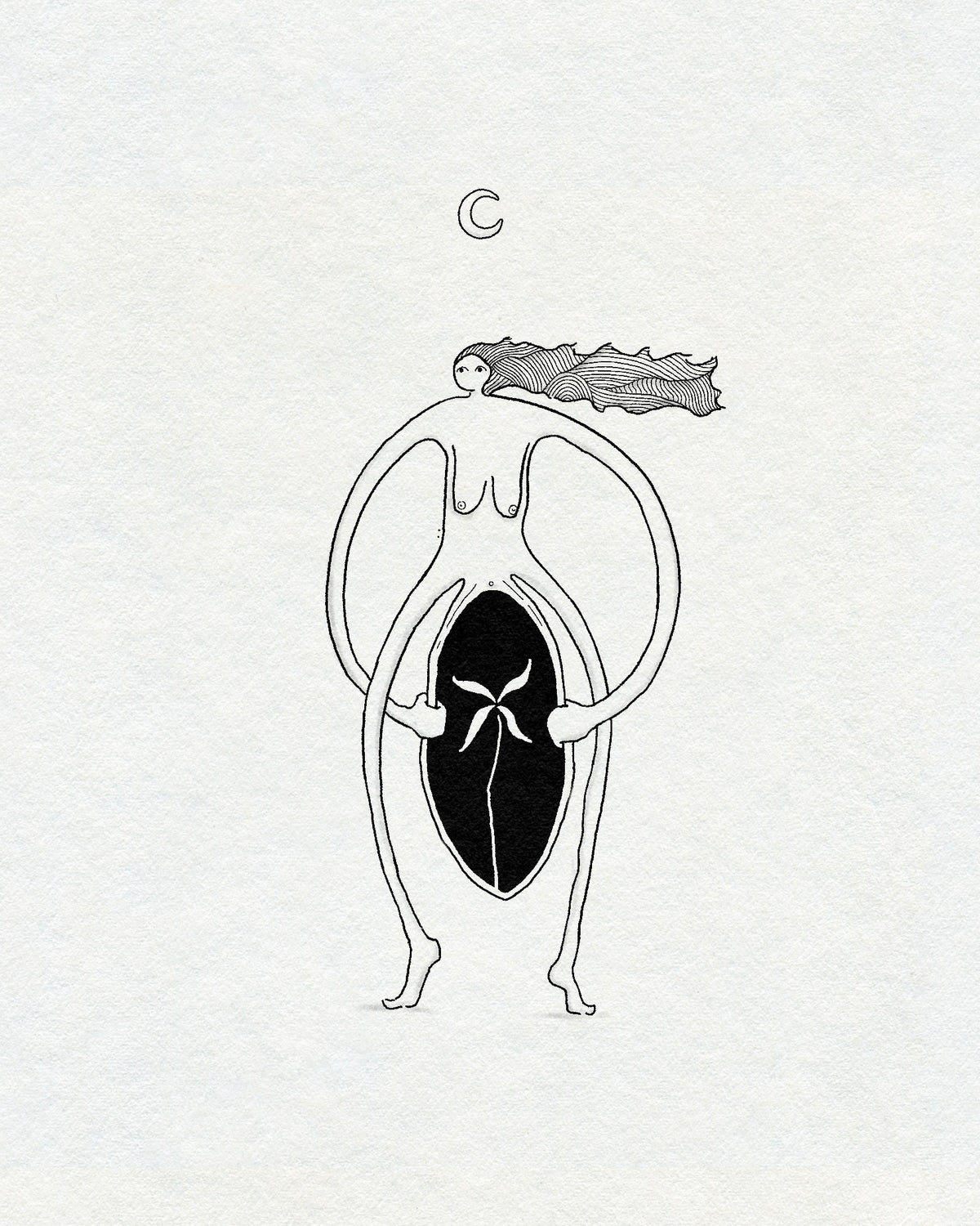 Sheela Na Gig folk figure redrawn in open fine line, tattoo design by Eli Inking