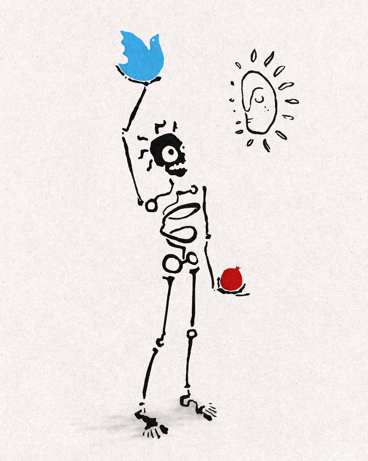 Bold line drawing of a skeleton holding a blue bird up in one hand and a red pomegranate in the other, with a sleepy sun face beside it