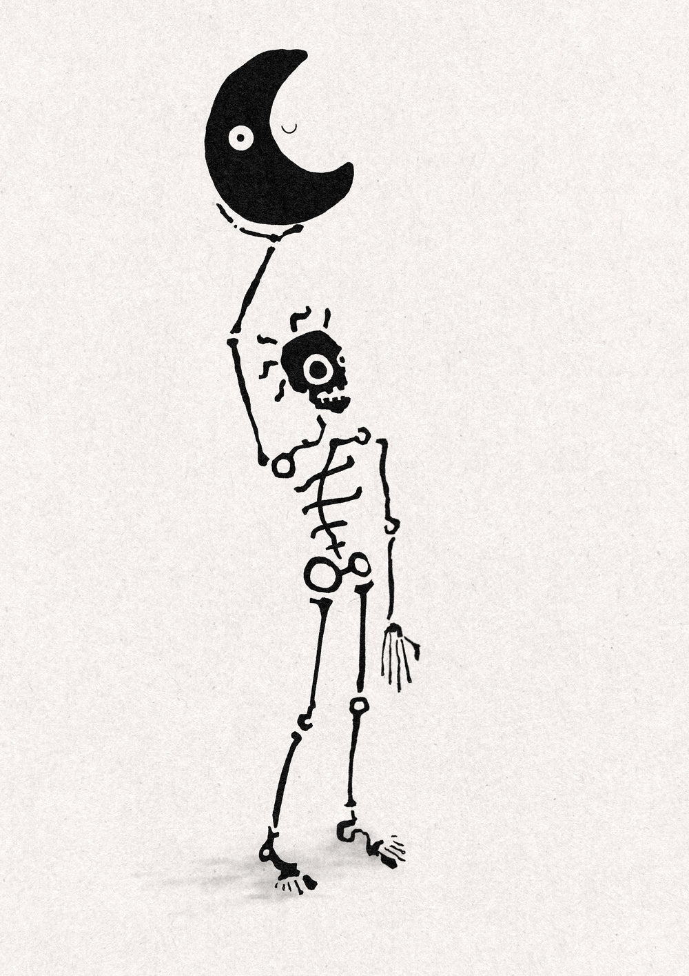 Bold line skeleton holding a solid black crescent moon with a face above its head