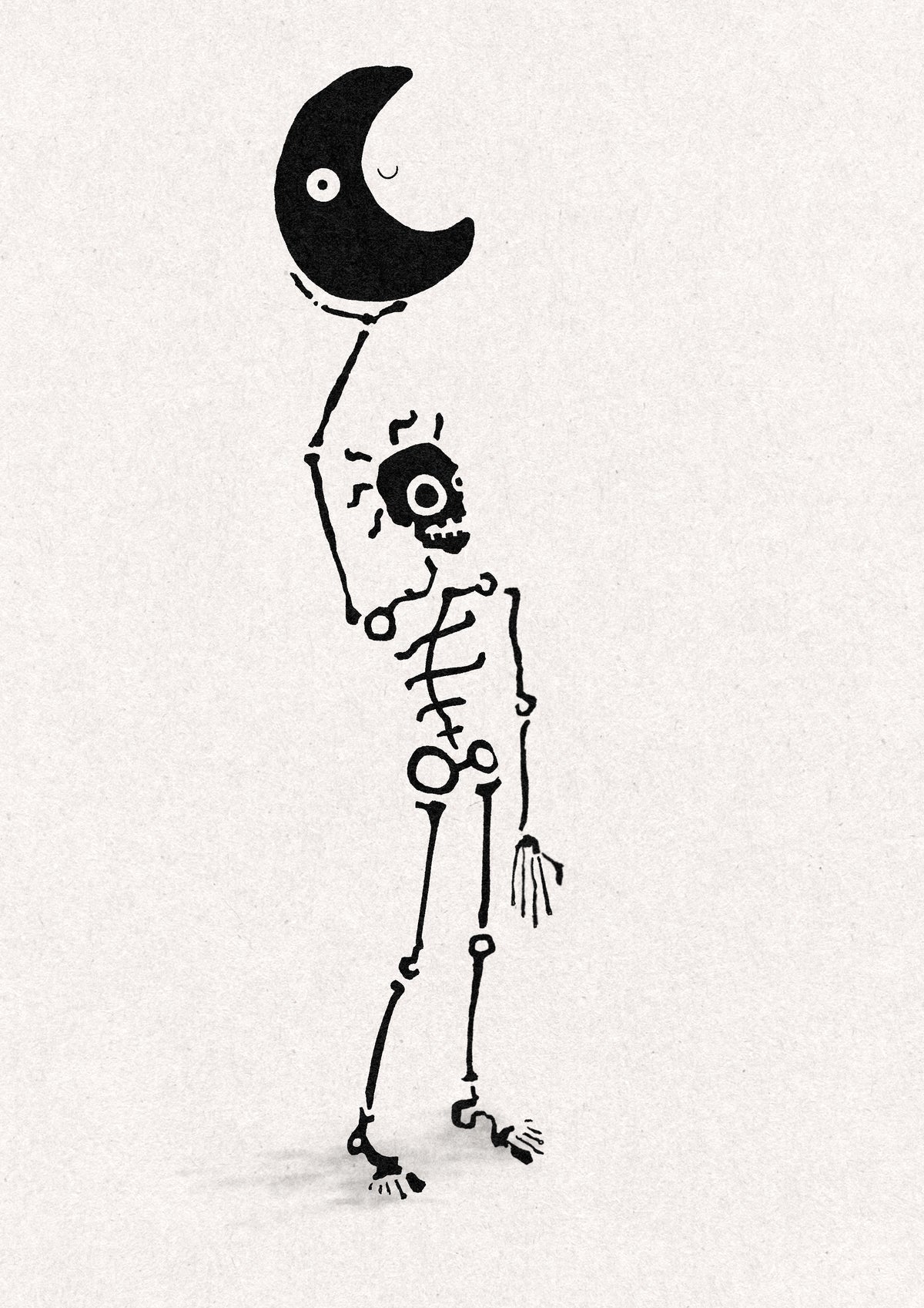 Bold line skeleton holding a solid black crescent moon with a face above its head