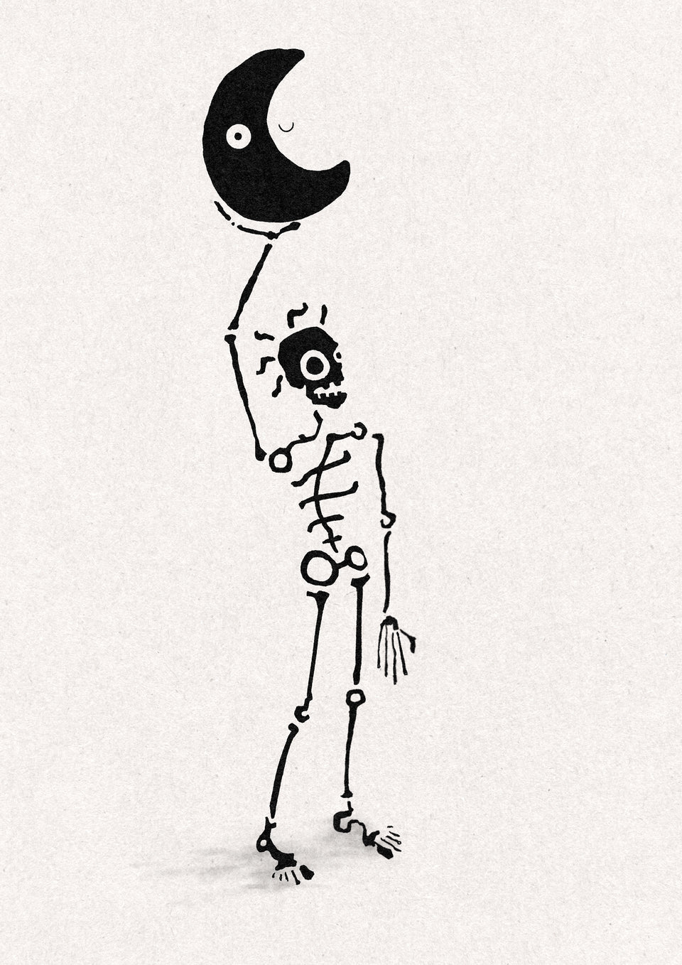 Bold line skeleton holding a solid black crescent moon with a face above its head
