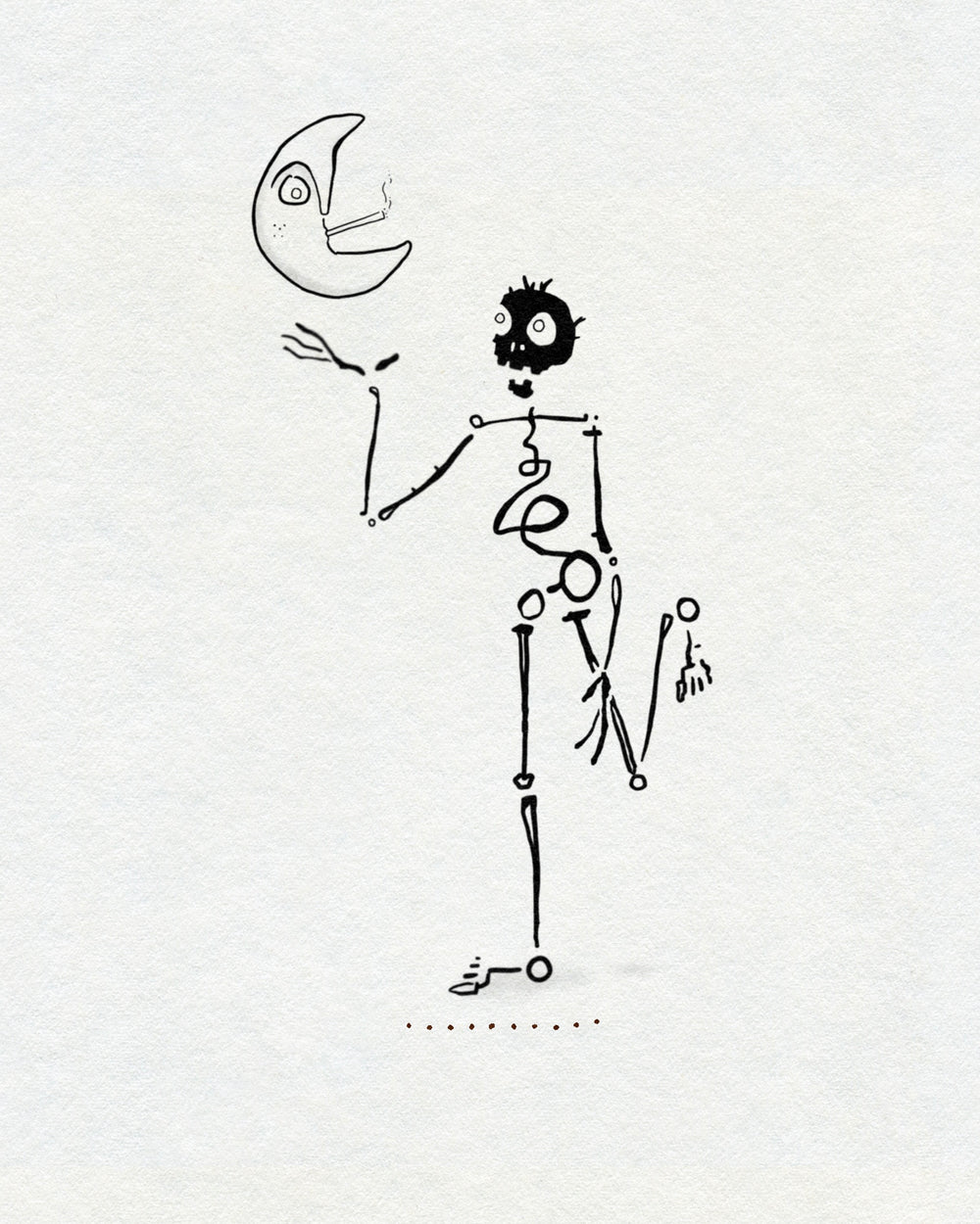 Loose single line skeleton with a wild-haired skull, beside a crescent moon smoking a cigarette