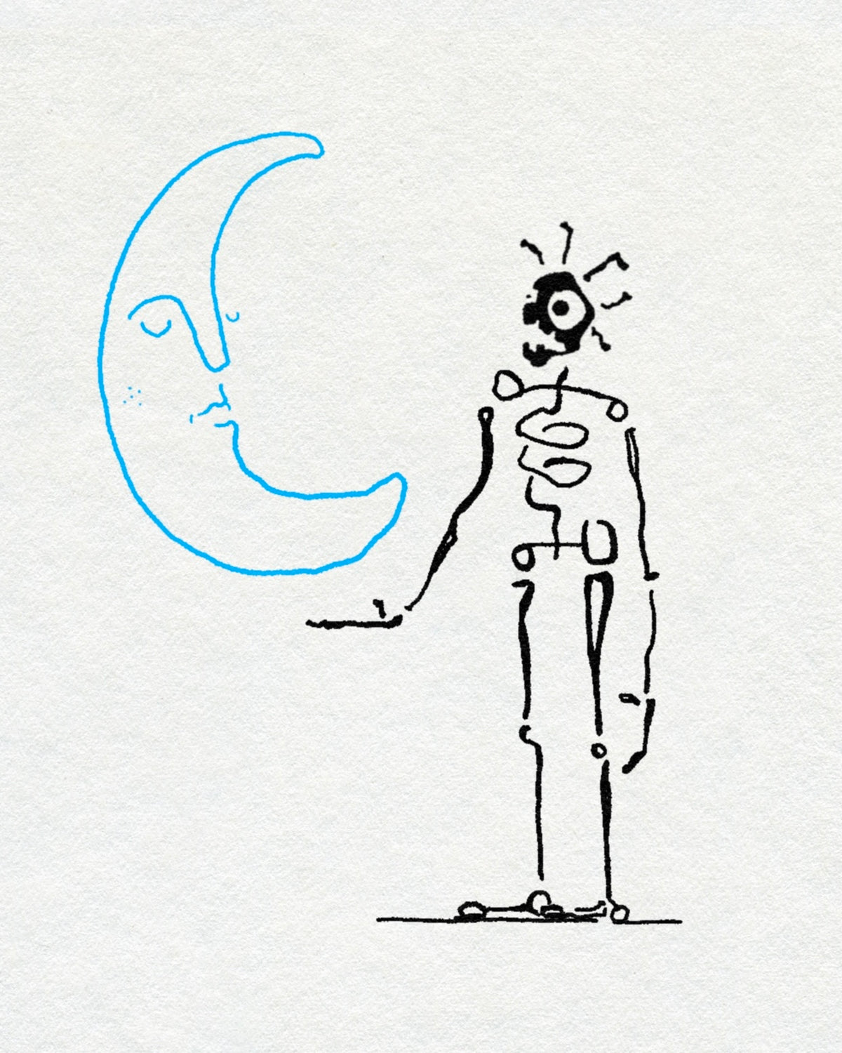 Sketchy line drawing of a skeleton standing on a ground line, reaching towards a blue outline crescent moon with a face