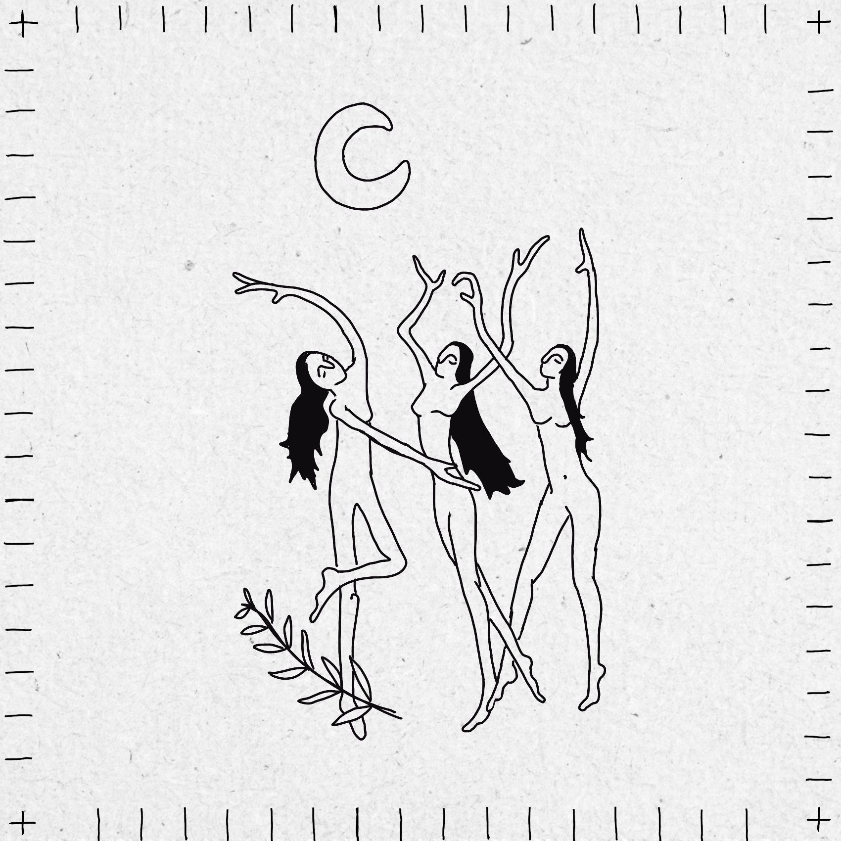 Black line art of three nude figures with outstretched arms on a textured white background. The figures have long dark hair and are dancing below a crescent moon with a plant draped over the leg of one figure. There is a lined border around the outside.