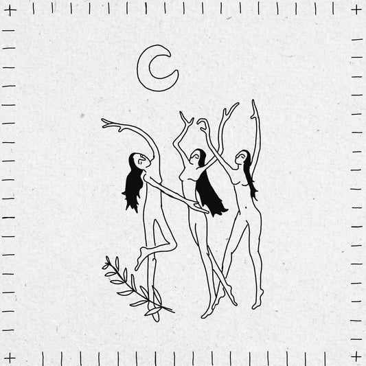 Black line art of three nude figures with outstretched arms on a textured white background. The figures have long dark hair and are dancing below a crescent moon with a plant draped over the leg of one figure. There is a lined border around the outside.
