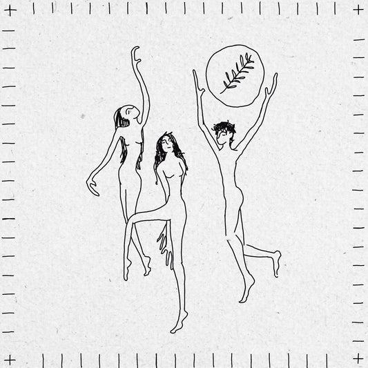Black fineline drawing of three dancing nude figures on a textured white background, praising a plant drawn above them.