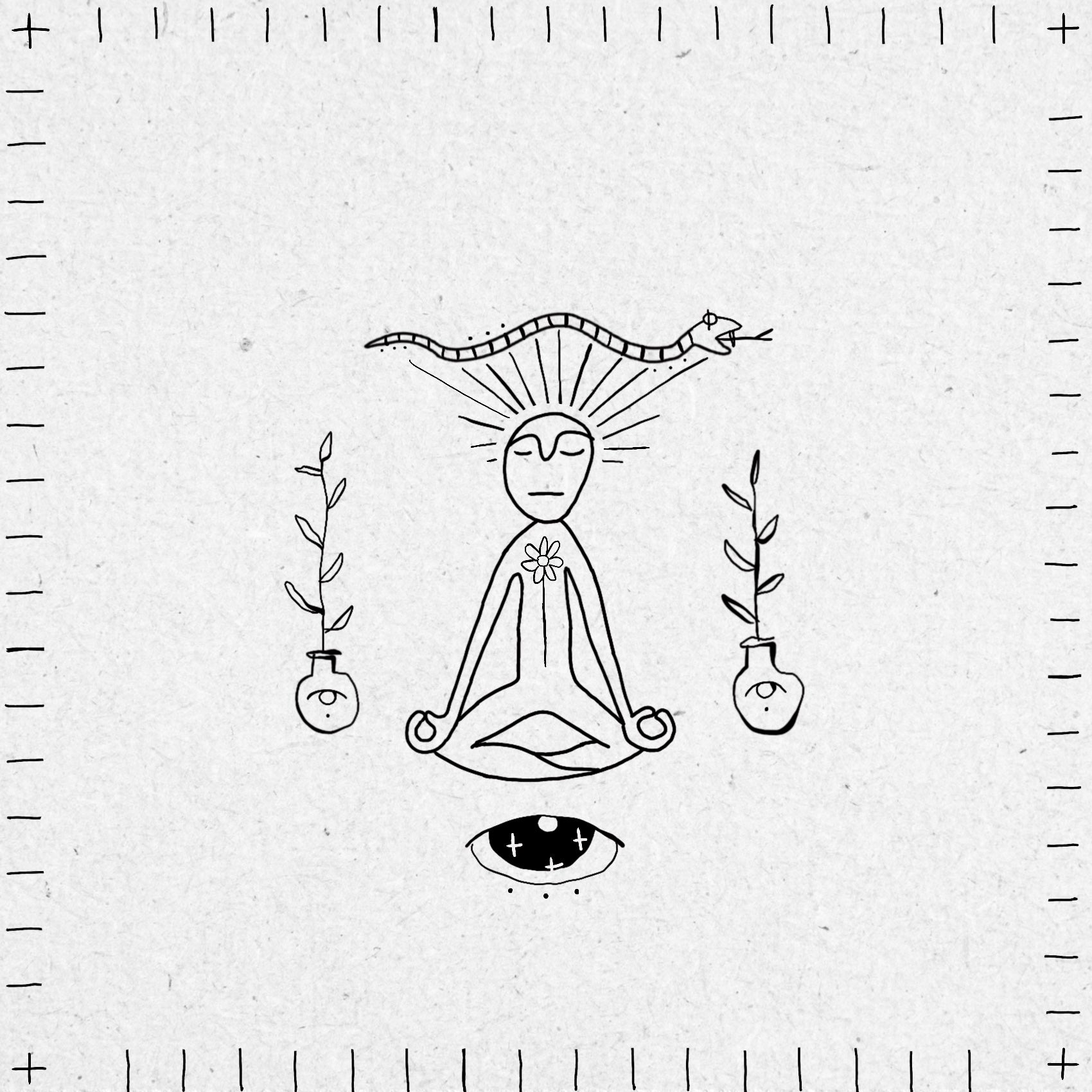 Black and white illustration of a meditating figure with plants, an eye and snakes around them on a textured background