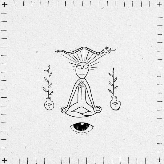 Black and white illustration of a meditating figure with plants, an eye and snakes around them on a textured background