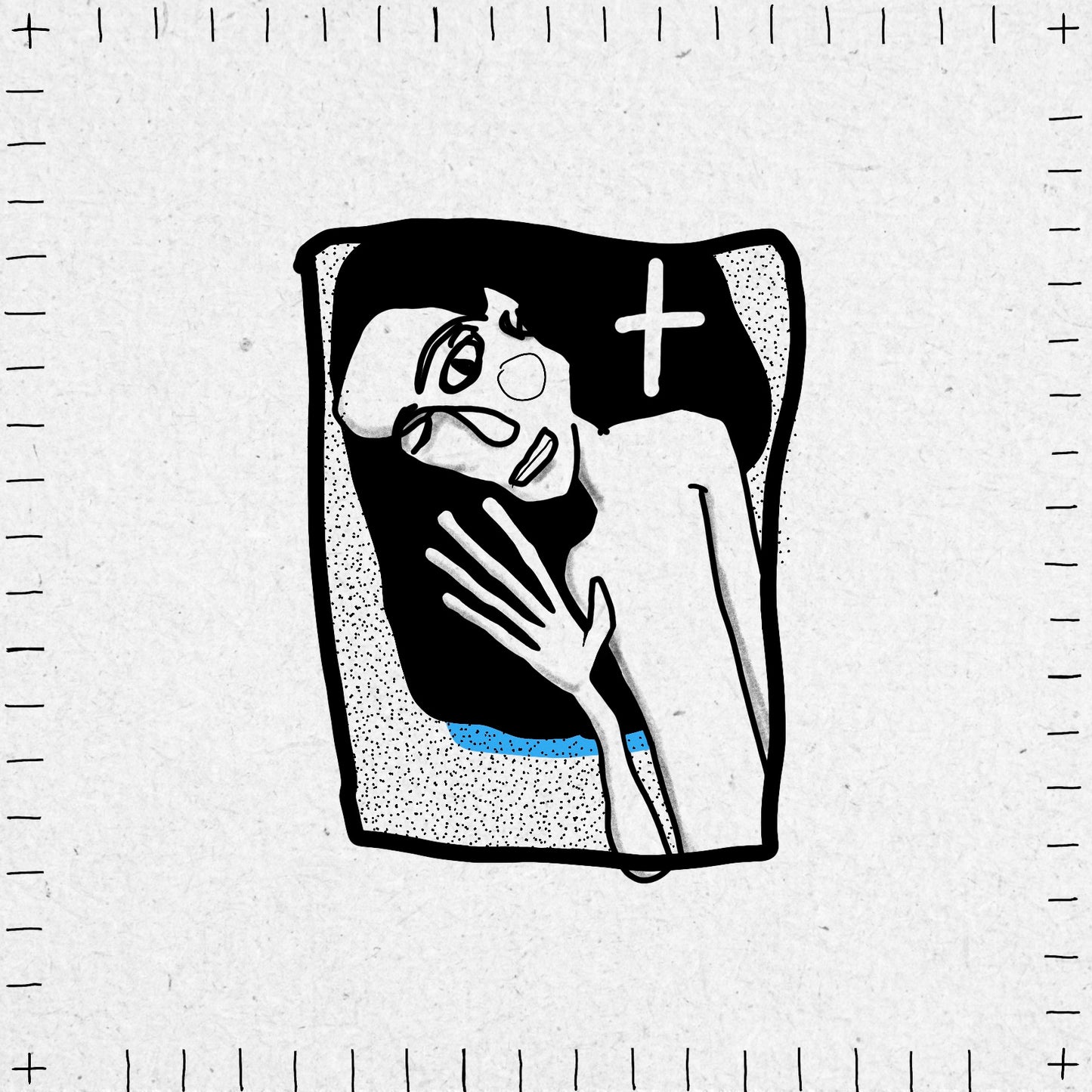 Surreal illustration of a figure waving with dark hair and a white cross in their hair. Black ink with a touch of blue. Bold lines and some dotwork.