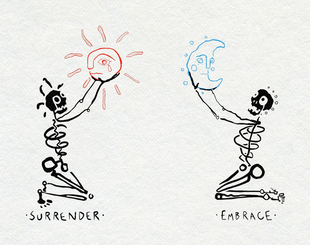 Two kneeling skeletons, one holding a crying red sun above the word Surrender, one holding a blue crescent moon above the word Embrace