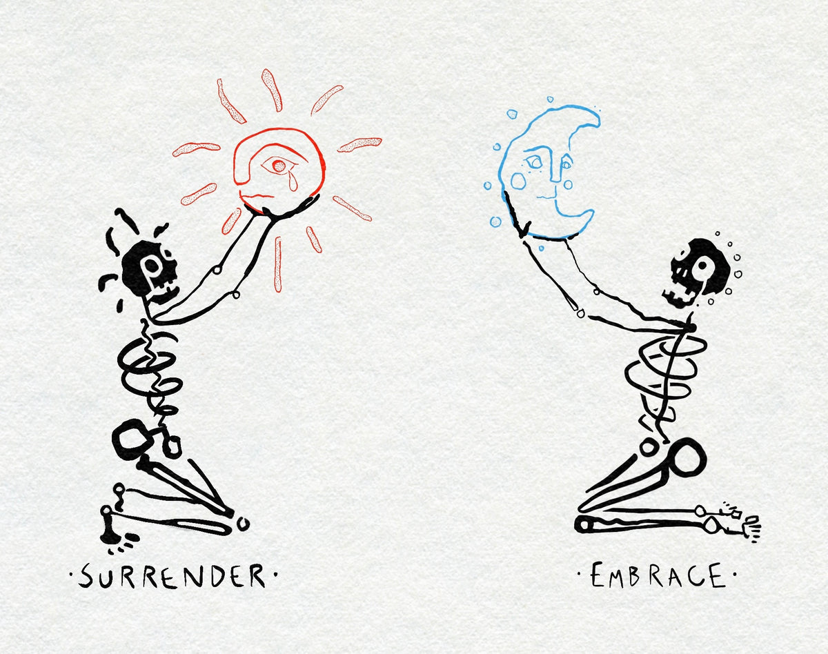 Two kneeling skeletons, one holding a crying red sun above the word Surrender, one holding a blue crescent moon above the word Embrace