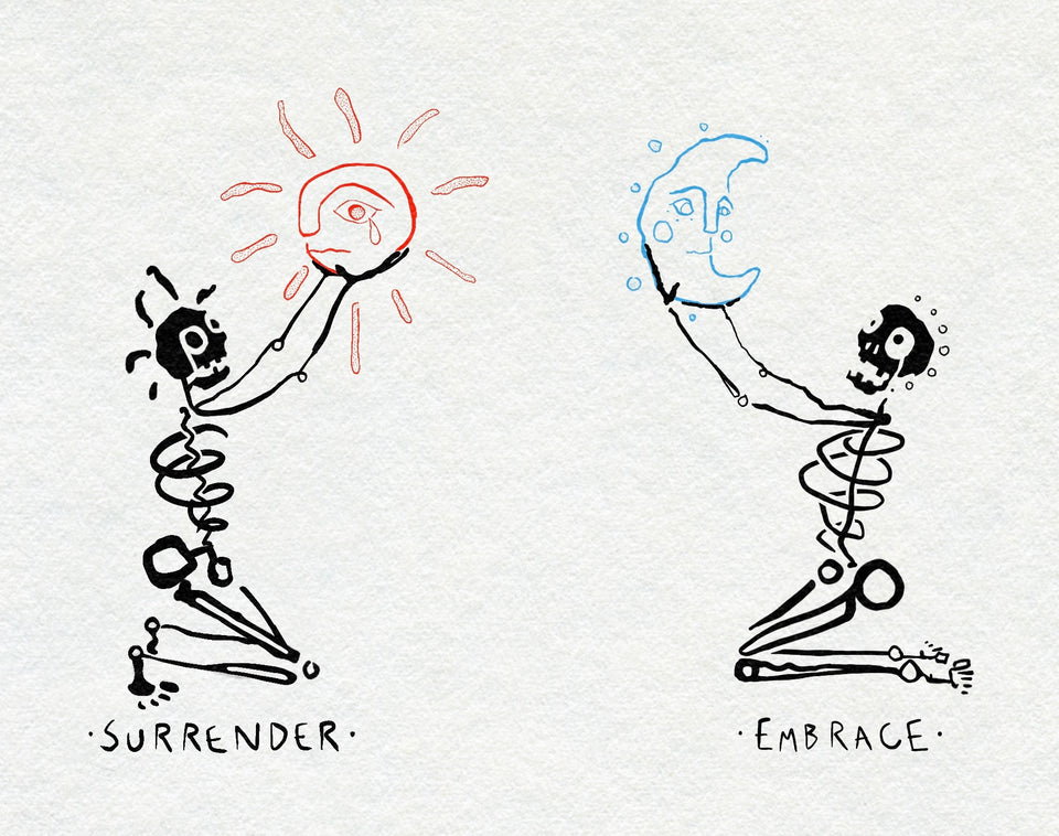 Two kneeling skeletons, one holding a crying red sun above the word Surrender, one holding a blue crescent moon above the word Embrace