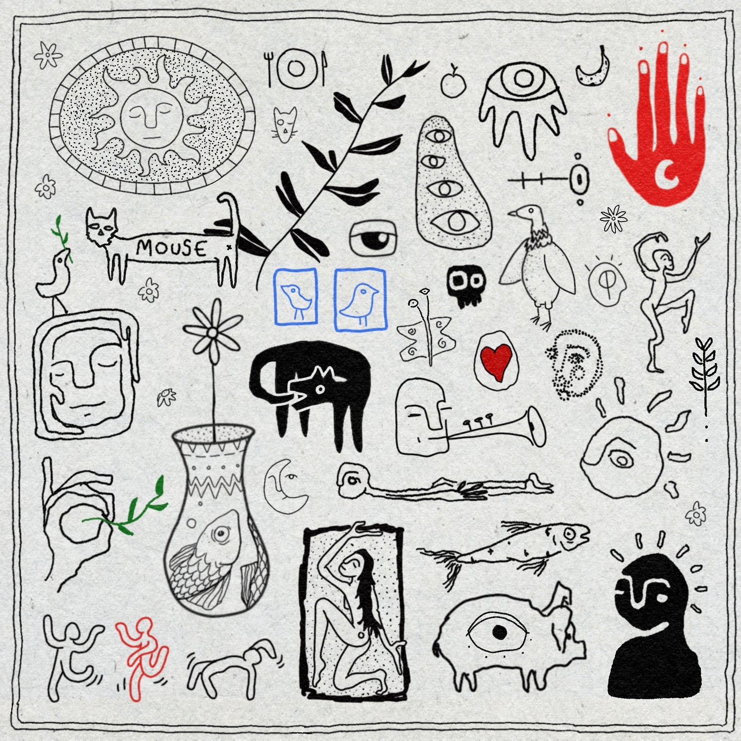 Collection of various abstract drawings and symbols on a white background including birds, suns, faces, plants, a vase with fish on, a cat, eyes and dancing figures. Some are in black ink, some are in red ink and some are in blue ink. 