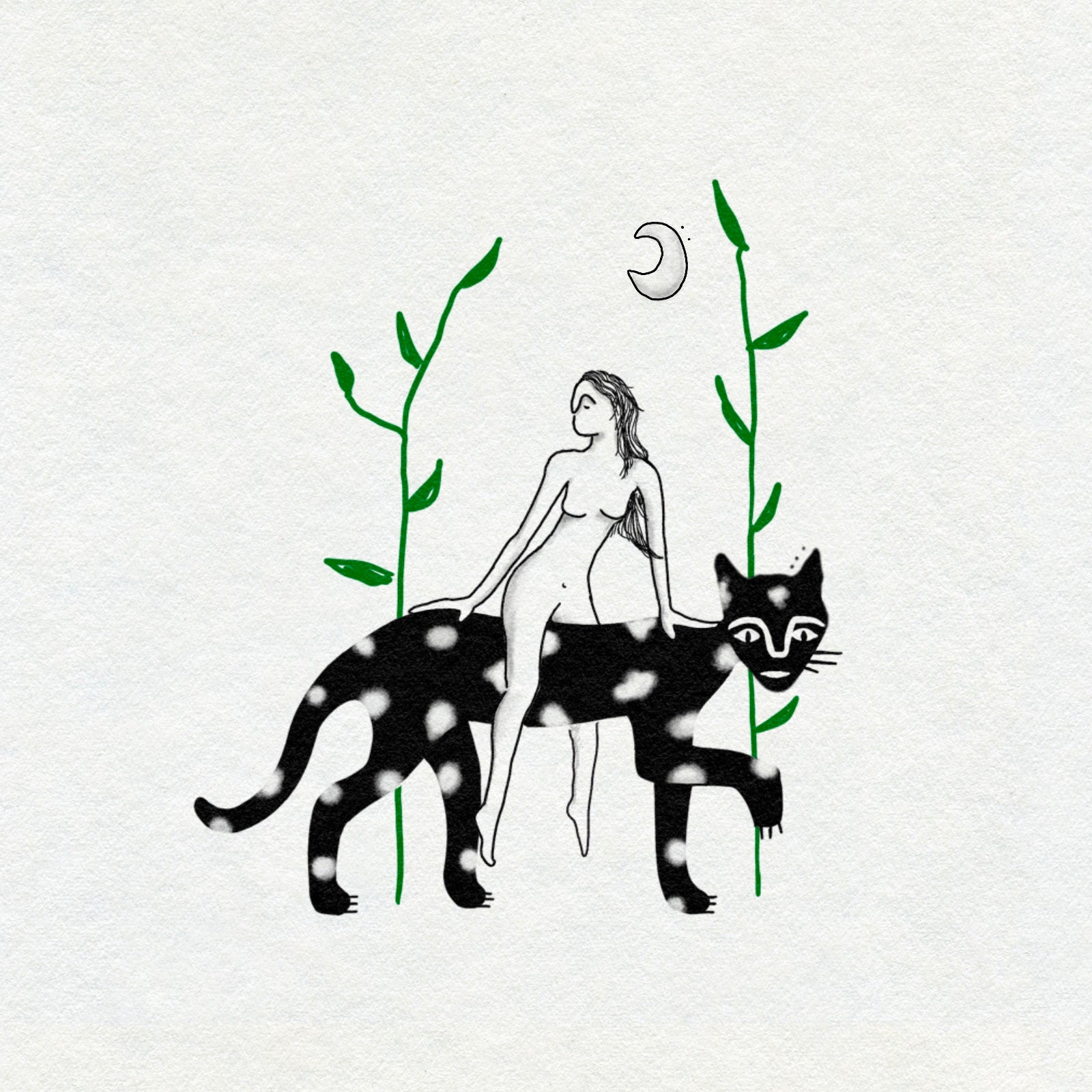 Illustration of a woman with long dark hair riding a black and white spotty panther with green leaves and a moon in the background on a light gray background