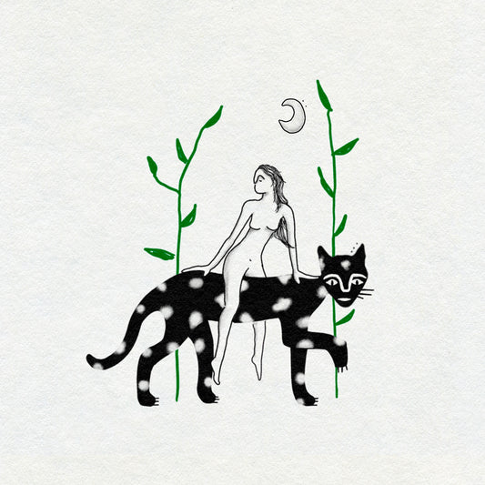 Illustration of a woman with long dark hair riding a black and white spotty panther with green leaves and a moon in the background on a light gray background