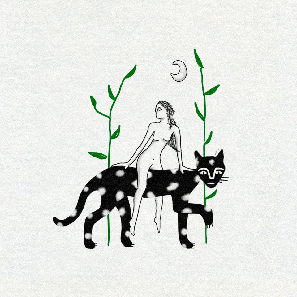 Illustration of a woman with long dark hair riding a black and white spotty panther with green leaves and a moon in the background on a light gray background