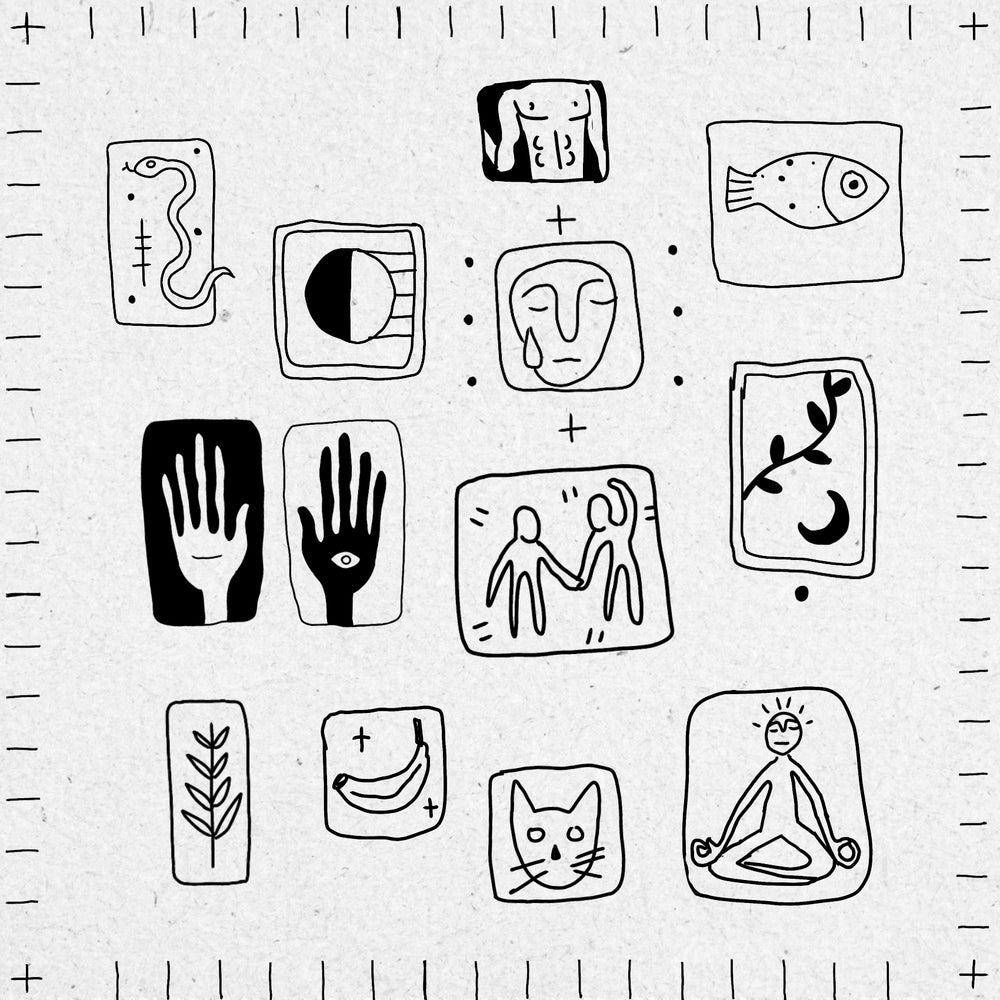 Collection of black fineline tile drawings on a white background including images of fish, plants, faces, hands and a cat.