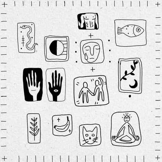 Collection of black fineline tile drawings on a white background including images of fish, plants, faces, hands and a cat.