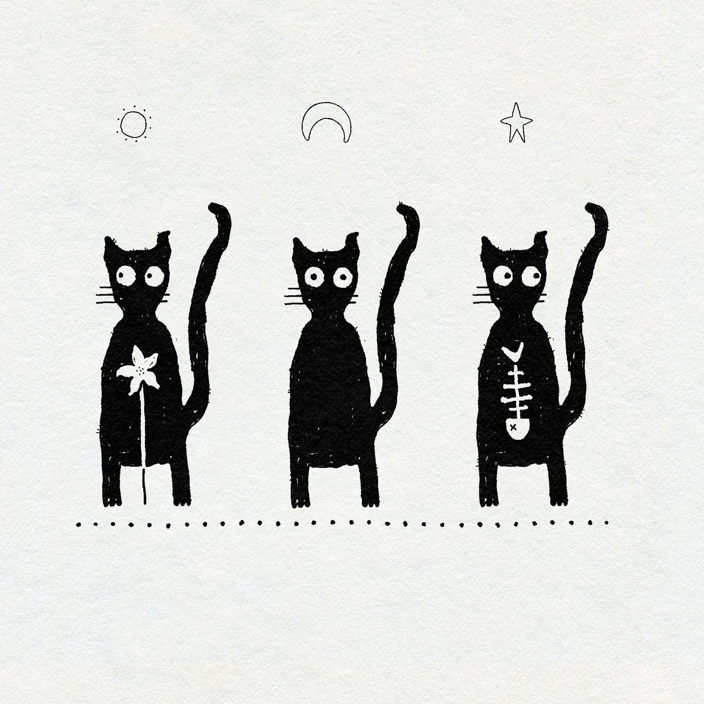 Drawing of three black cats with different symbols in their bellies on a white background. Fineline sun, moon and star above their heads. Flower and fish skeleton in their bellies.