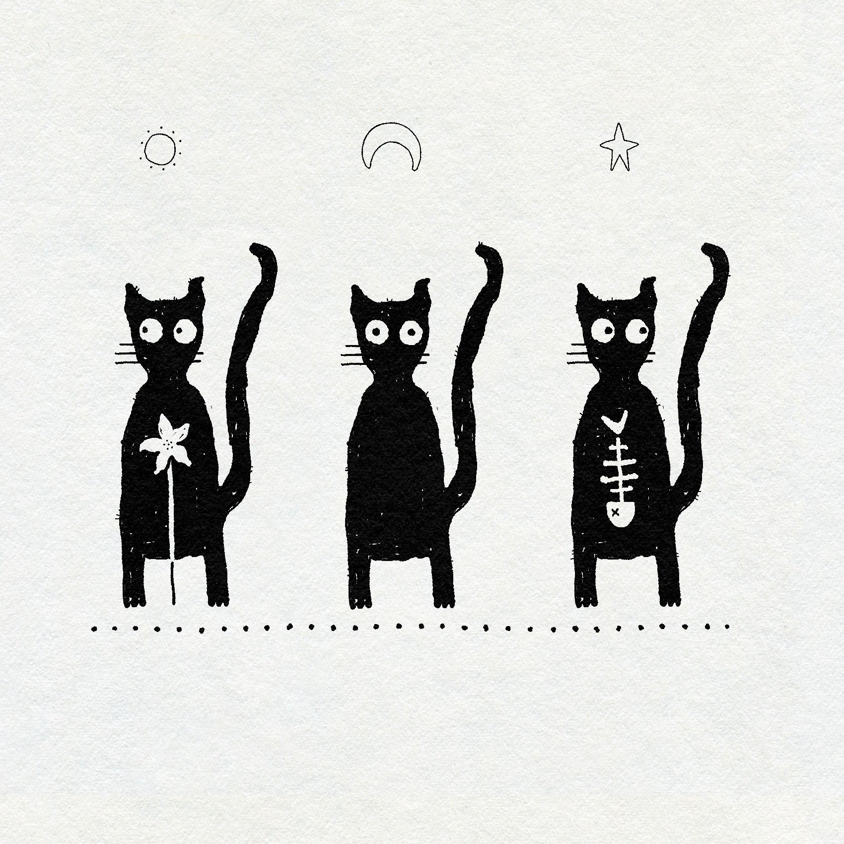 Drawing of three black cats with different symbols in their bellies on a white background. Fineline sun, moon and star above their heads. Flower and fish skeleton in their bellies.