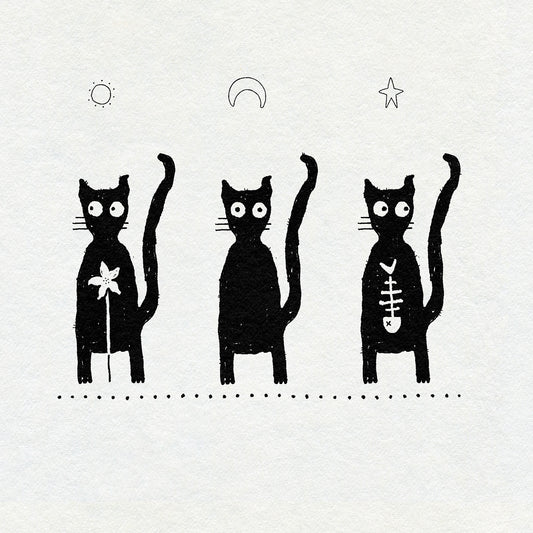 Drawing of three black cats with different symbols in their bellies on a white background. Fineline sun, moon and star above their heads. Flower and fish skeleton in their bellies.