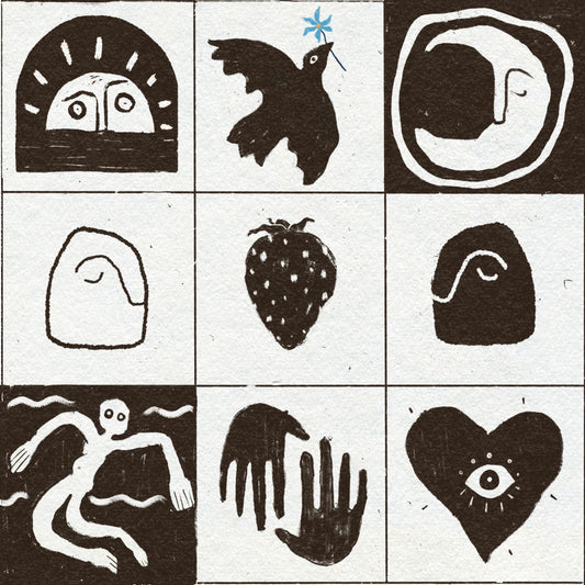 Bold black ink  drawings of a sun, bird, moon, faces, strawberry, hands, figure floating and heart with an eye inside it. On a textured background. 