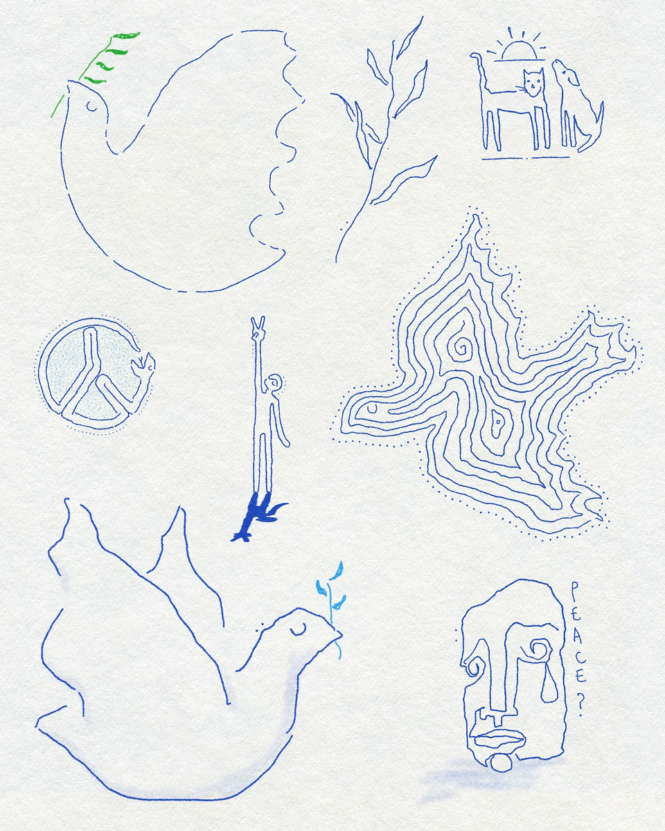 fine line blue drawings of peace symbols, doves, plants, a cat and dog and a crying face with the word PEACE? next to it. On textured white background.