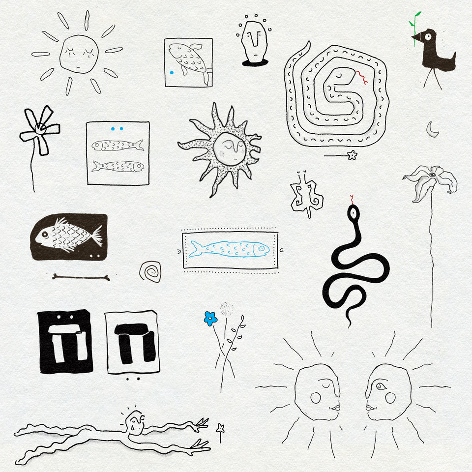 Fine line and blackwork drawings of nature based things such as snakes, fish, sunshine, flowers, stone henge, moon and butterfly. Also symbols including a spiral. In black, blue, red and green ink. 