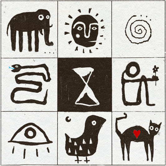Nine black and white drawings of various abstract shapes and animals on a white background including a spiral, eye, sand timer, snake, figure, cat, bird, elephant and sunshine. In black, red and blue ink. 