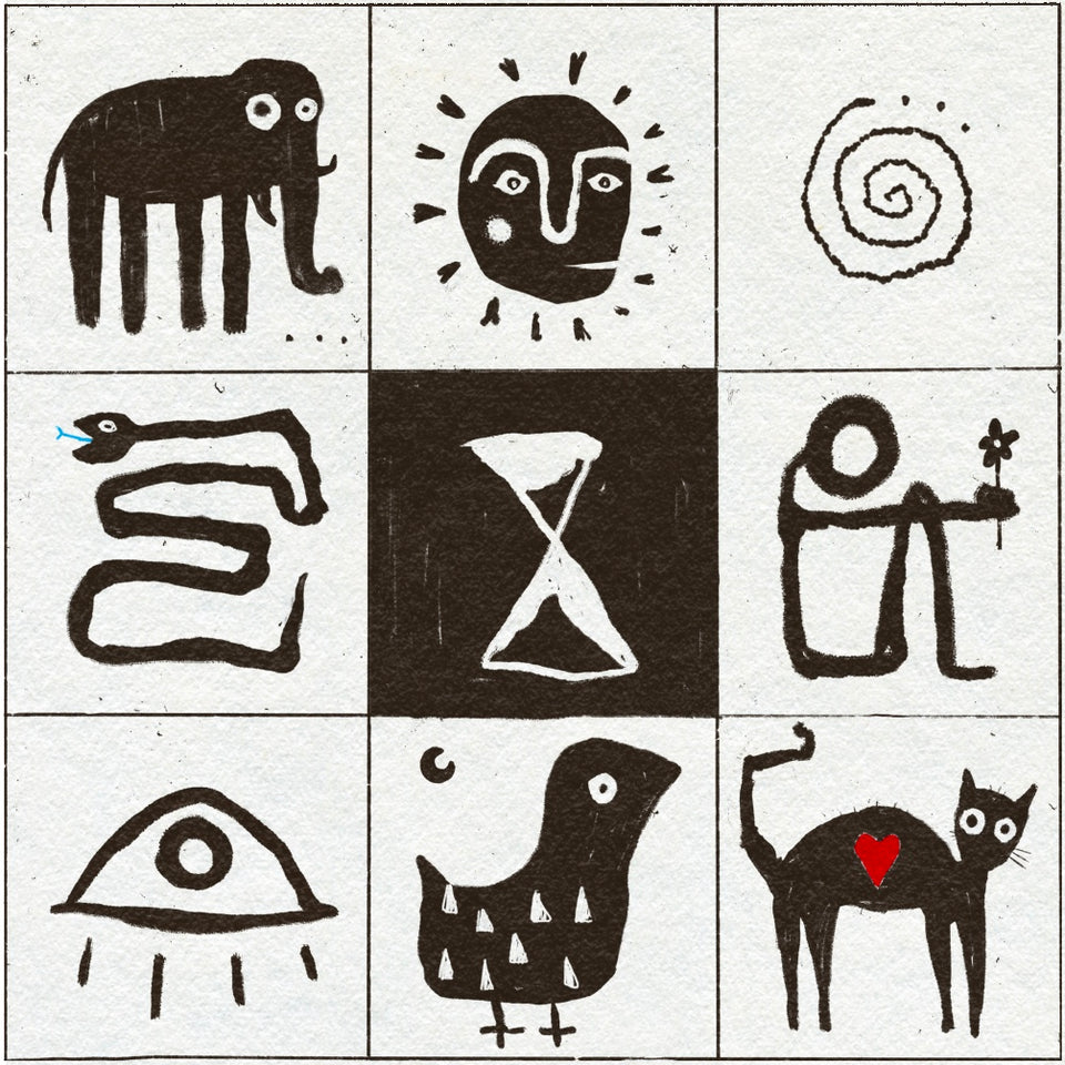 Nine black and white drawings of various abstract shapes and animals on a white background including a spiral, eye, sand timer, snake, figure, cat, bird, elephant and sunshine. In black, red and blue ink. 