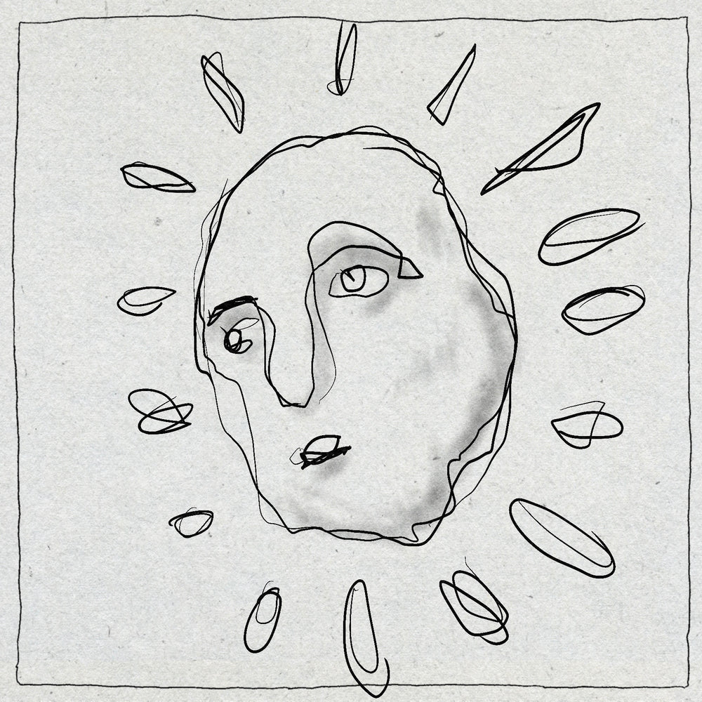 Sketch style fineline drawing of a sun with gently shading in black ink with a minimal border around it on a textured background. The sun has a face.
