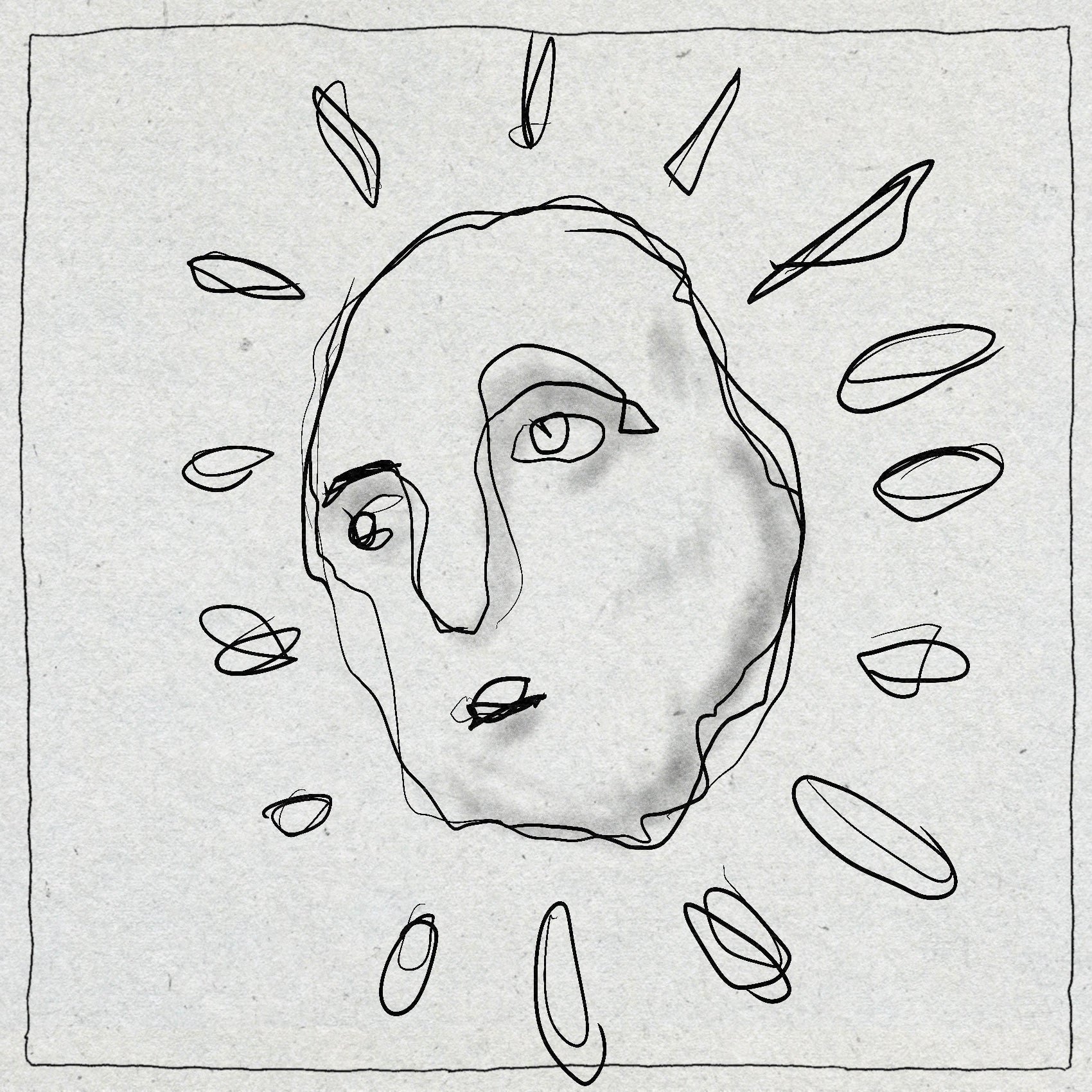 Sketch style fineline drawing of a sun with gently shading in black ink with a minimal border around it on a textured background. The sun has a face.