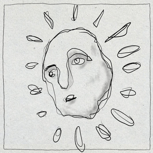 Sketch style fineline drawing of a sun with gently shading in black ink with a minimal border around it on a textured background. The sun has a face.
