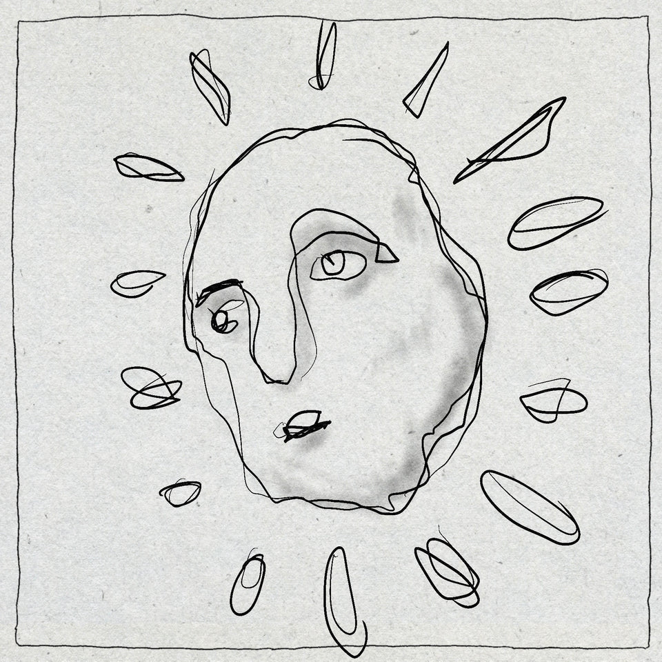 Sketch style fineline drawing of a sun with gently shading in black ink with a minimal border around it on a textured background. The sun has a face.