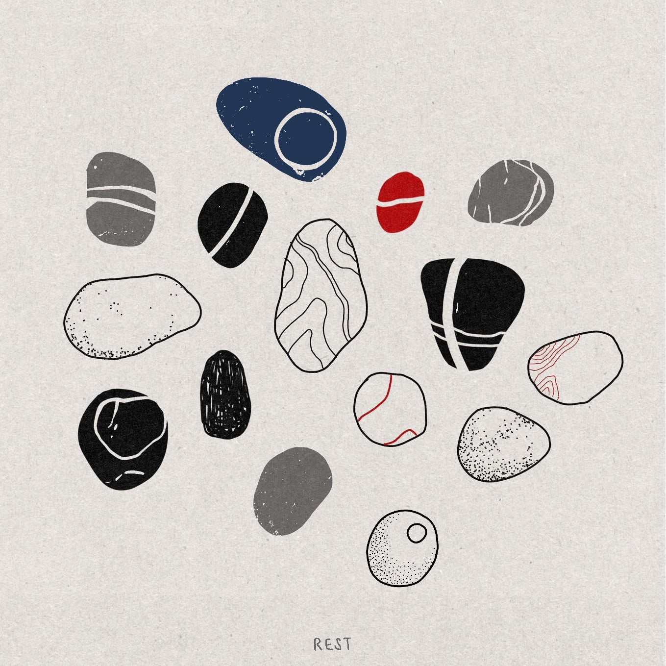 Drawing of pebbles with lines running through them. Some are filled in and others are fineline. In red, grey, black and blue ink on a textured background with the word REST underneath.