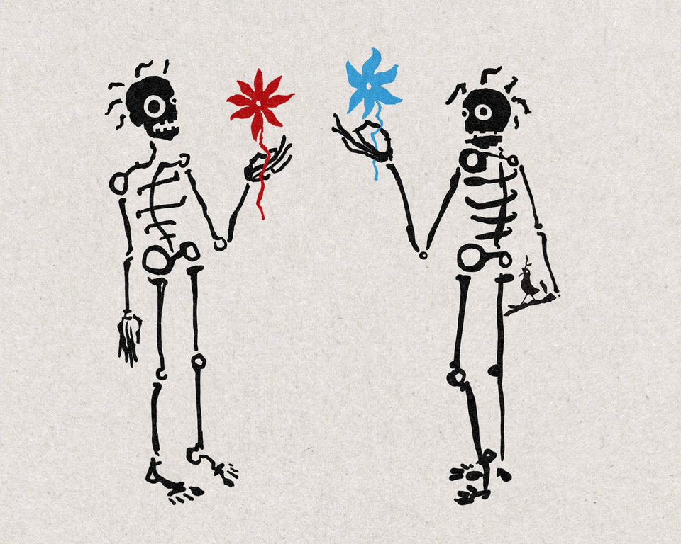 Two skeletons holding hands, one holding a red flower and one a blue flower, with a small bird perched by an ankle
