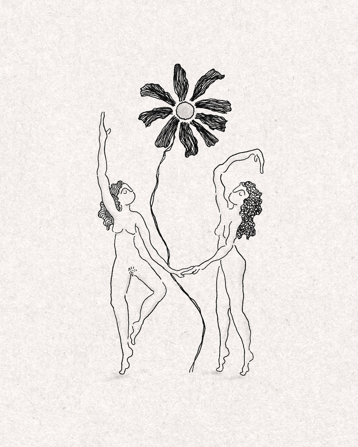 Two women dancing hand in hand beneath a tall flower with textured petals, fine line black ink drawing