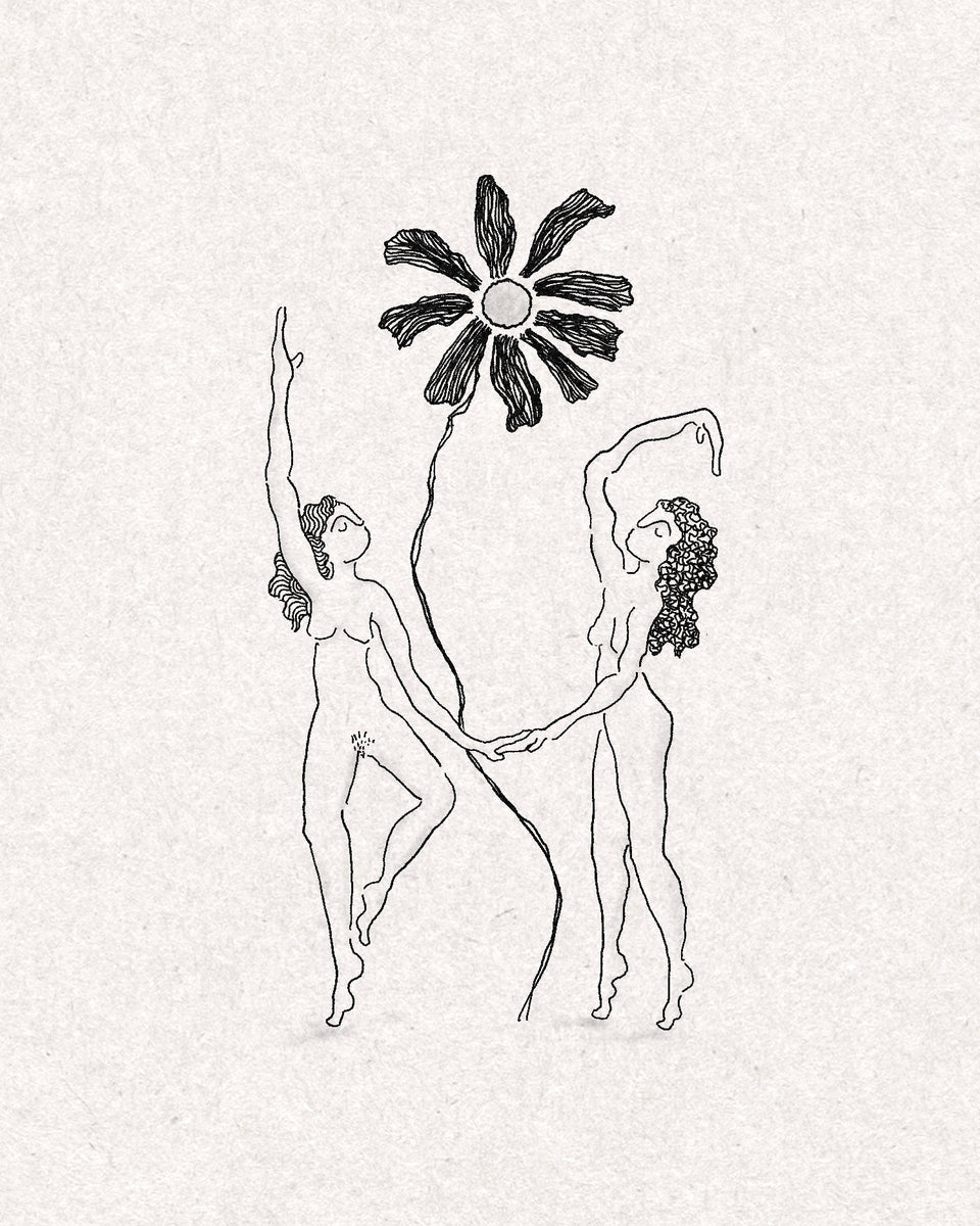 Two women dancing hand in hand beneath a tall flower with textured petals, fine line black ink drawing