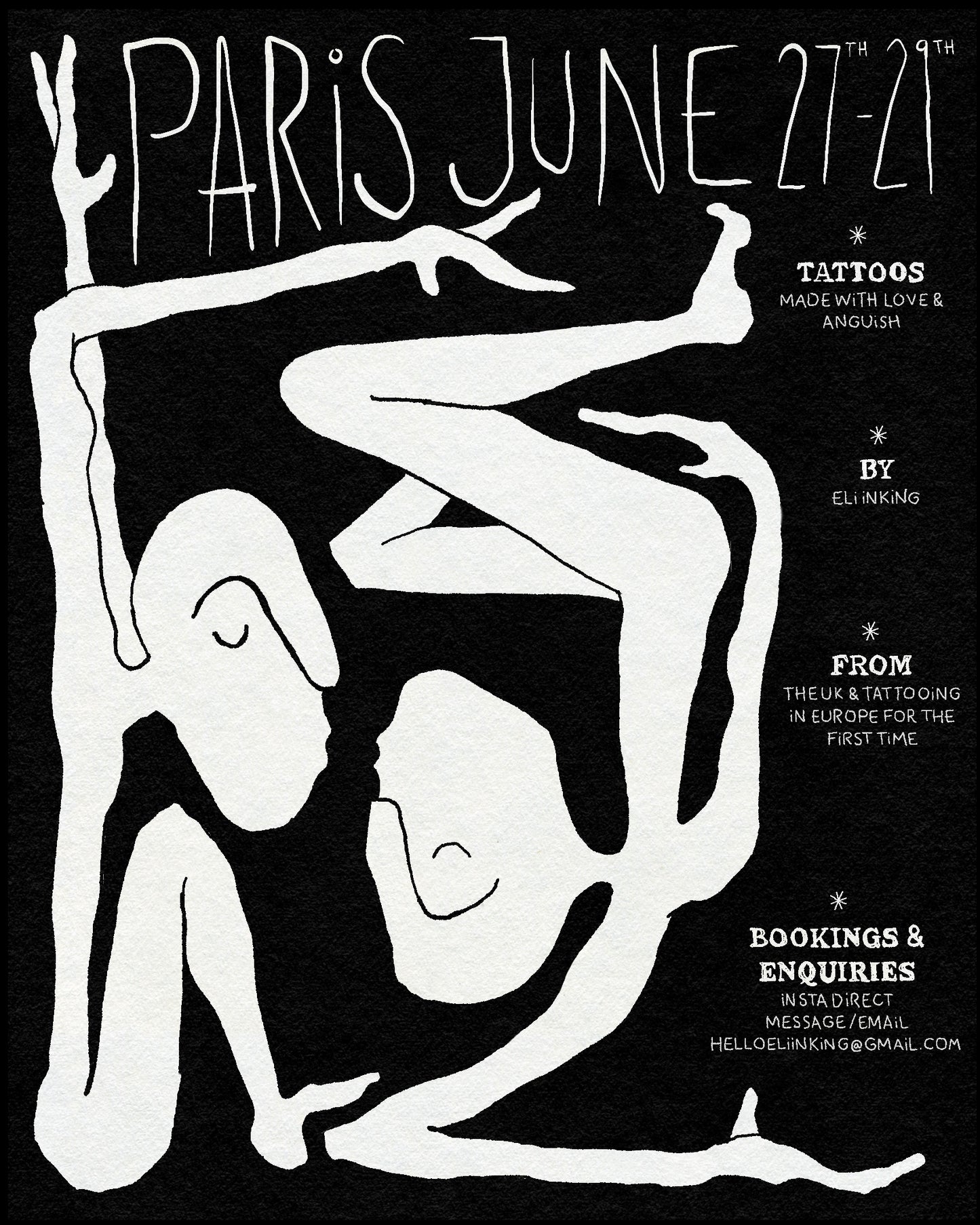 A drawing of two bendy figures with a blacked out background and text saying PARIS JUNE 27th - 29th.