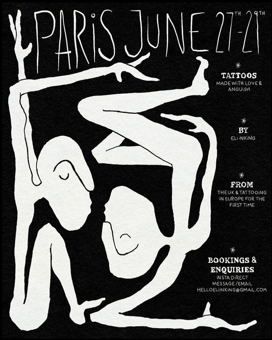 A drawing of two bendy figures with a blacked out background and text saying PARIS JUNE 27th - 29th.