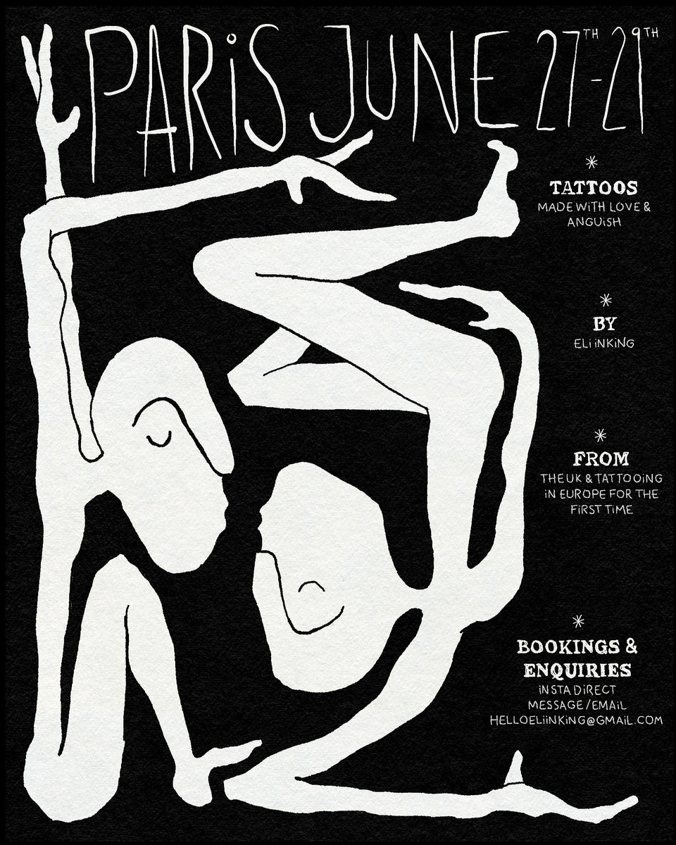 A drawing of two bendy figures with a blacked out background and text saying PARIS JUNE 27th - 29th.
