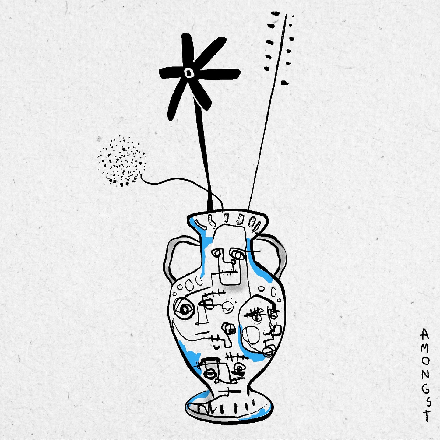 Abstract drawing of a vase with three flowers and plants in it on a textured white background. There are abstract faces on the vase and it is drawn in black and blue ink.