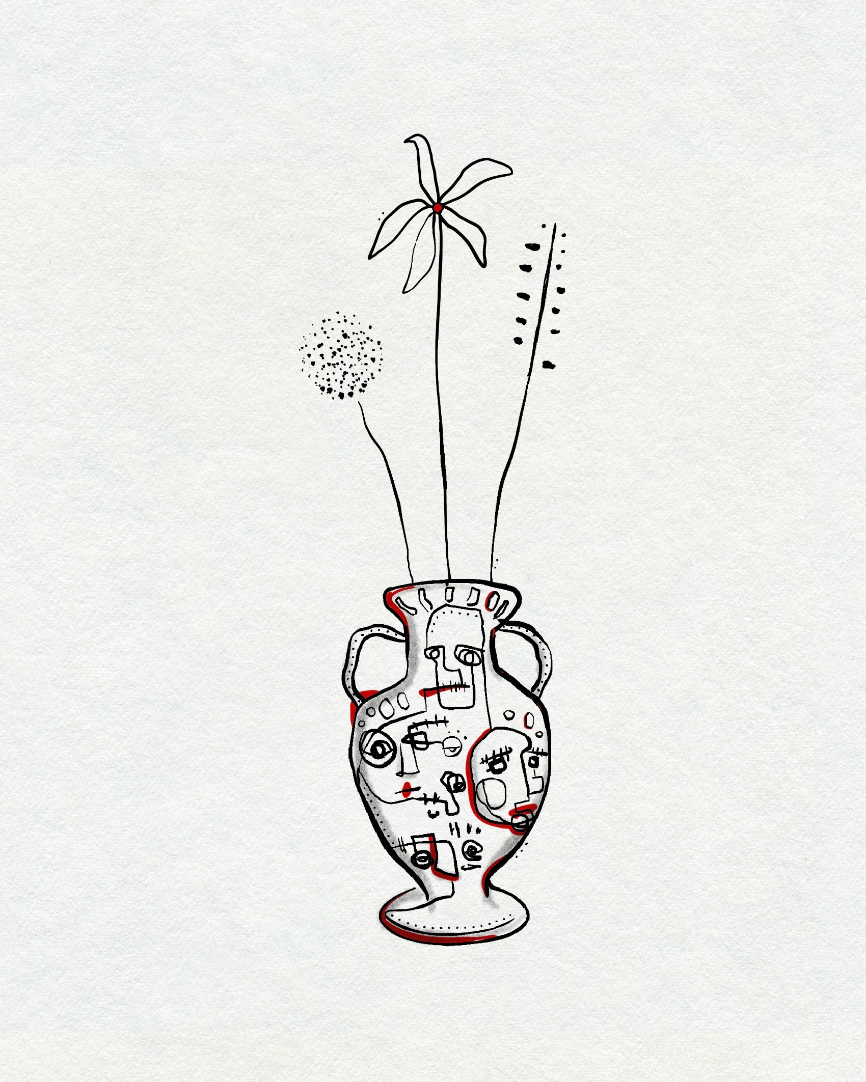 A bold linework drawing of a vase with abstract faces on it and plants and flowers in it. In black and red ink. 