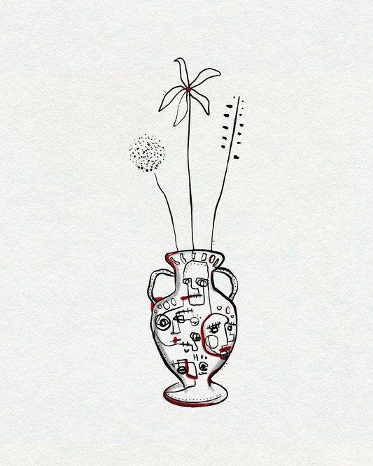 A bold linework drawing of a vase with abstract faces on it and plants and flowers in it. In black and red ink. 